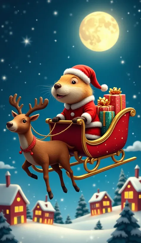 A cheerful capybara dressed as Santa Claus, sitting in a magical red sleigh loaded with brightly wrapped presents. The sleigh is pulled by reindeer flying across a starry night sky with the full moon shining brightly. Below, a picturesque snowy village glo...