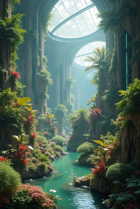 A serene garden floating in space, with exotic plants and flowers from different planets. A futuristic, glass-domed structure houses this sanctuary, offering a peaceful escape from the cold void of space