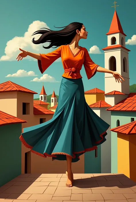 Create a Picasso  ,cubism, of a woman with Huipil barefoot  ,  dancing from the sky in different shades  , building with tiles and a church  ,Todo con forma de l estilo de cubism de picasso