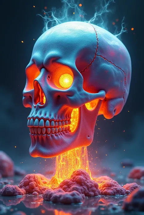  A realistic colored glass skull ,   Beautiful and detailed  . That explodes when it falls to the ground ,  the projections are textured like a lot of colored dream dust and lava coming out of the mouth,  cryptocurrency eyes and fire explosion , Maximize d...