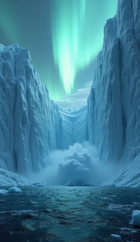 Real Photo、The wall at the tip of a large glacier collapses towards the ocean、The water column rises 、Beautiful auroras、 powerful composition 、 Movie-like Scenes 