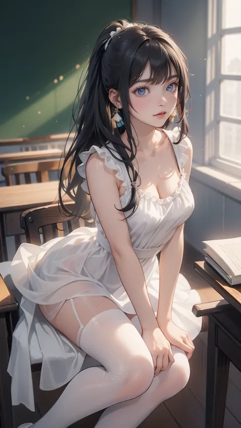 sfw, masterpiece, Best Quality, High resolution, detail hands, detail fingers, detail face, detail leg, perfect lighting, (1girl, solo, detail girl) Smile, cute girl, (black hair, Side Pony tail hair , Gray eyes, Small breast), (White Maxi sundress, pantyh...