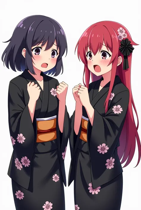 Anime sisters wearing black yukata with worried flowers and with a white background and full body and with pink nails and a black watch with their fists on their chests both hands with an emotion of nervousness and with an expression of concern and a feeli...