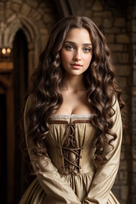 beautiful woman with long curly brown hair and brown eyes, wearing a medieval commoner dress seen from the front