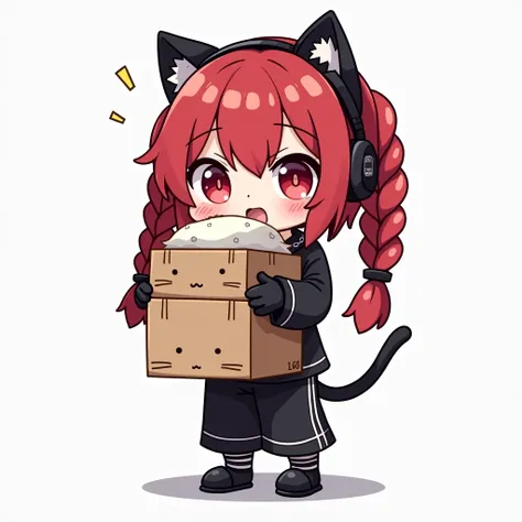  create a girls 2D Twitch emote icon,  chibi anime, human,  with hair consisting of two huge braids behind ,  red hair color with medium low saturation , Classic fringe, white pele,  two strands on top of the hair , Light red eyes, small bust,  Black pajam...