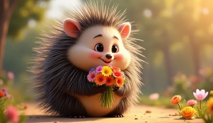 a cute porcupine ,  holding a bunch of flowers in his hands, Pixar style