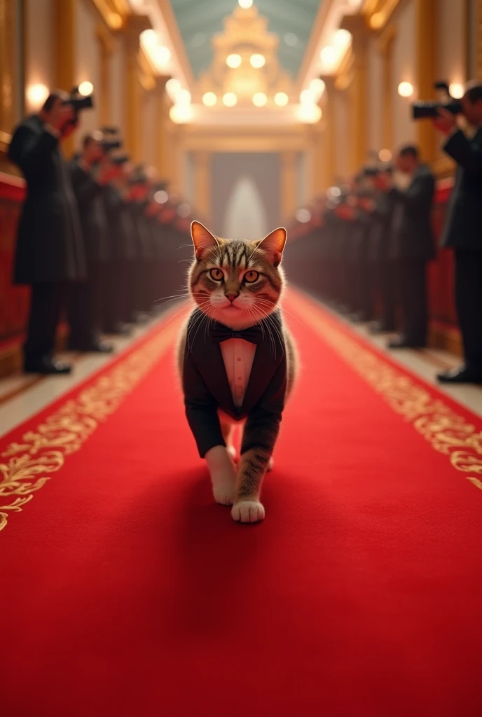 Cat walking human like on red carpet