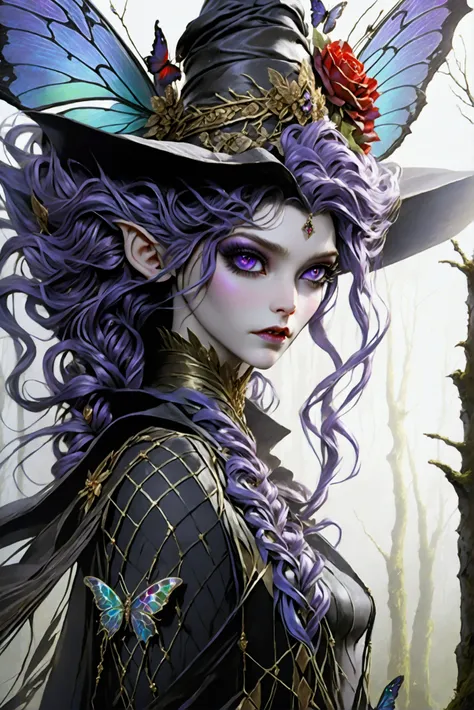 An evil sorceress fairy, her commanding presence dominating the scene. Her long, intensely bright purple curly hair sways gently in the mist. Dark makeup streams around her eyes, highlighting a menacing, powerful gaze. She wears a second skin of shiny purp...