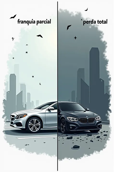 A vertical 9:16 illustration divided into two equal sections. The left side shows a sleek silver Mercedes-Benz with a small dent on the rear bumper, parked in a clean urban environment with soft lighting. The right side features a black BMW with severe dam...