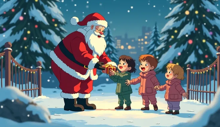 create a Gibli studio 2d Anime style medium angle front view establishment shot of Santa clause giving a gift to a small  as the s reaction turns happy. there are other cute s behind the  wearing night suits, raising their hands forward, to receive their g...