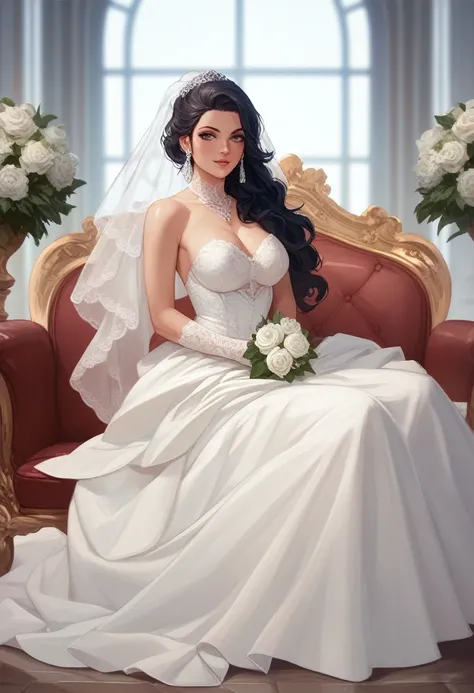 Italian girl, 28 years old, long wavy black hair, sitting on a luxury chair, wearing a wedding dress