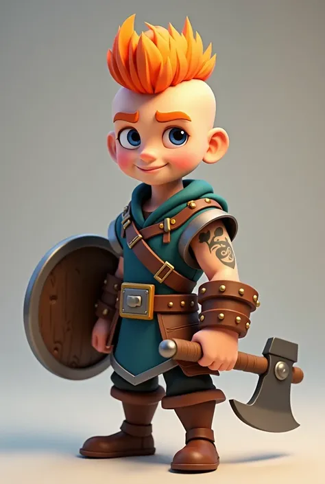 Create a character in the same character design as the Clash of clans game of a young man, middle part hair style, with an orange quiff, shaved sides of his head holding a shield and an axe, war tattoos, 3d cartoon 