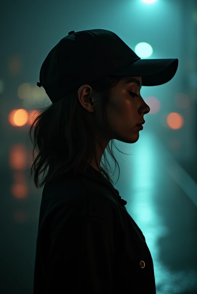  only girl album cover style, cover, backwards cap,  looking at the ground ,  eyes closed , dark contrast ,  body lighting , photo flash ,  full body, Low angle , in city,  blurred background , simple semi-monochrome background 
