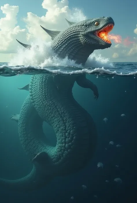 The huge Leviathan goes underwater in the sea ,  it spits fire out of its mouth it has fins like a fish it has huge scales