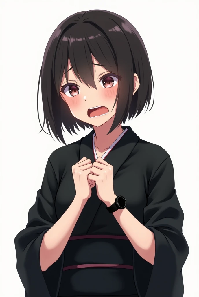 Anime girl in black yukata with worried flowers and with a white background and full body and with pink nails and a black watch with her fists on her chest both hands with an emotion of nervousness and with an expression of concern and a feeling of sadness...