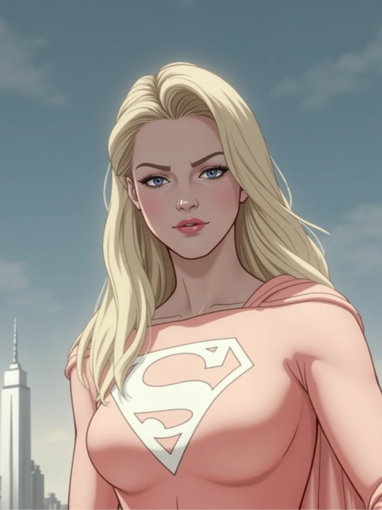  supergirl clothing with chest neckline, pants,  high heel boots , gloves and cape , on the terrace of a building