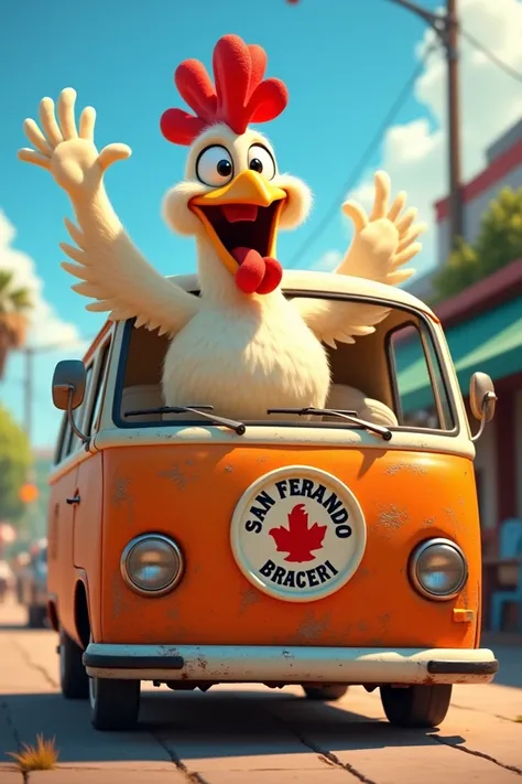 Chicken greeting in a van that has the San Fernando logo and that the entire cartoon is animated