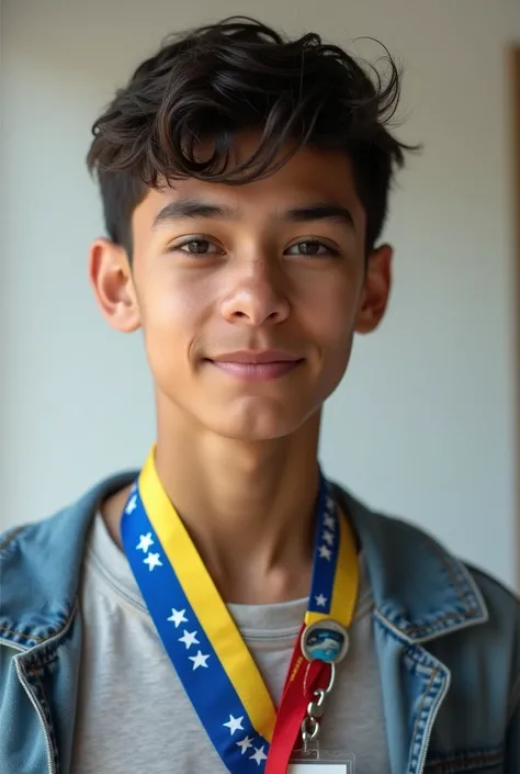 Teenager male, with school card hanging around the neck ,  with tricolor ribbon of the Venezuelan flag.