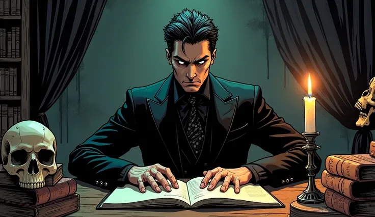 A dark comic book avatar ,  with glowing eyes and a mysterious expression ,  sitting at a desk illuminated by the dim light of a candle.  He wears a black suit with Gothic details ,  surrounded by old books ,  skulls and an atmosphere of supernatural terro...