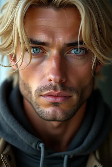 "A close up of Seen from the front, a man named Briem, with flowing blond hair, blue eyes, defined face"