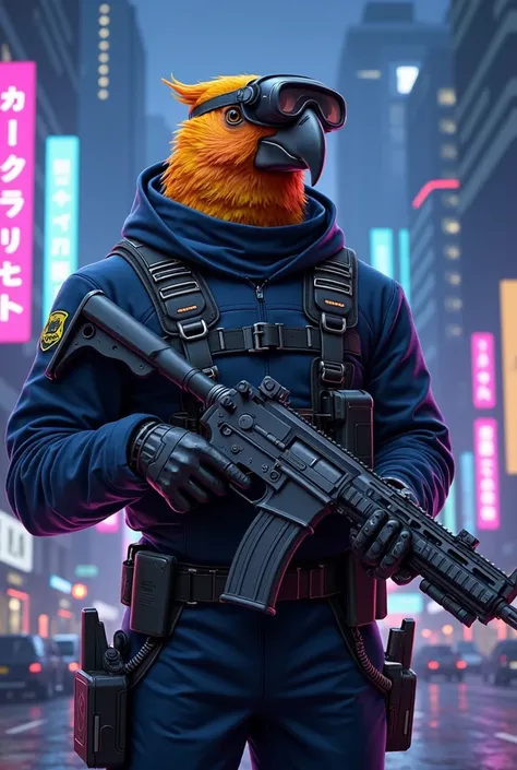  Anime Style Illustration , cyberpunk, with the head of a parrot ,  wearing a futuristic police uniform ,  holding a high-tech rifle .  The bird has vibrant colored feathers , with metallic details on his uniform ,  and a visible tone of neon light reflect...