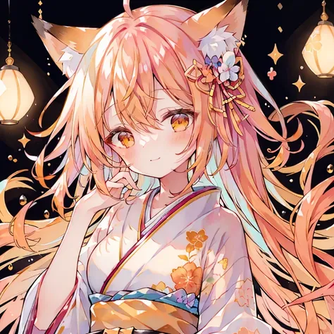 masterpiece, best quality, highly detailed, 1girl, solo, (:3:0.9), animal ear fluff, animal ears, orange hair, fluffy hair, blush, brown eyes, flower, fox ears, fox girl, gradient, gradient background, hair flower, hair ornament, japanese clothes, kimono, ...