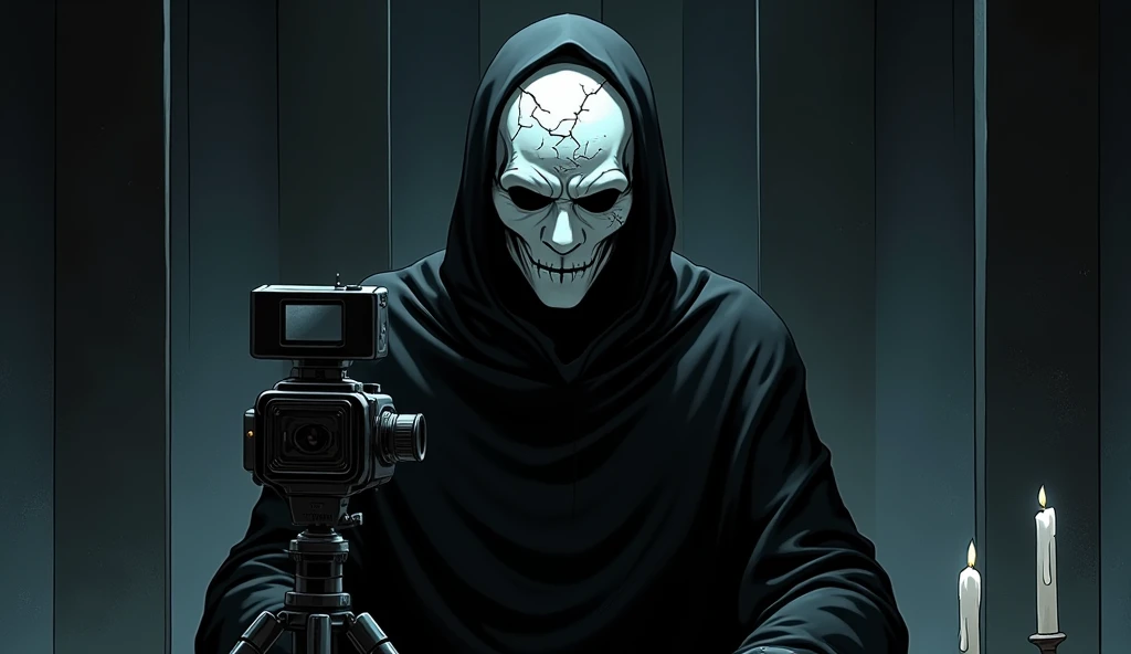  An animated comic book character with a white mask covering his face , with cracks and a disturbing pattern .  wears a black cape that melts with shadows and is sitting in front of a camera,  with a background that includes dark squares and melted candles...