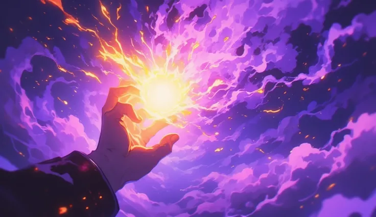 (best quality,4k,8k,highres,masterpiece:1.2),a hand emerging from purple smoke,creating a golden fireball,anime,intricate details,dynamic composition,glowing energy,dramatic lighting,vibrant colors,ethereal atmosphere