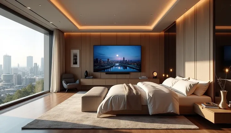 A luxurious modern bedroom with a screen 