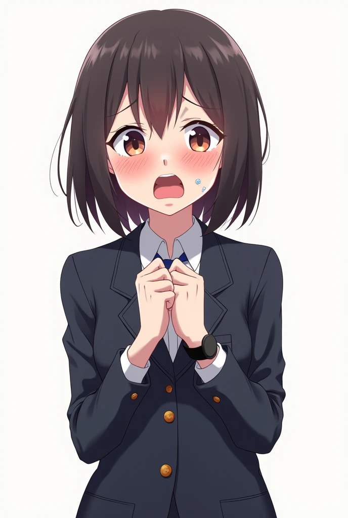 Anime girl in a school blazer uniform worried and with a white background and full body and with pink nails and a black watch with her fists on her chest both hands with an emotion of nervousness and with an expression of concern and a feeling of sadness a...