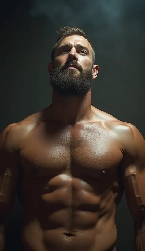 a giant muscular shirtless man with short beard, low angle shot, extremely detailed face, perfect skin, beautiful eyes, detailed muscles, cinematic lighting, dramatic shadows, photorealistic, 8k, high quality, concept art