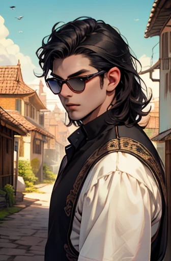 Lifelike，（The Masterpiece，Top quality，best qulity，officlal art），greatly detailed，Colorful，Most detailed，God，shorter hair，black color hair，Handsome man，gargantilha，short sleeve，outskirts，sun glasses