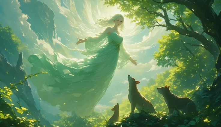 a goddess looks upon the world from above, all the animals that ere below are looking at the goddess, cinematic, green nature, magical, glitter, light