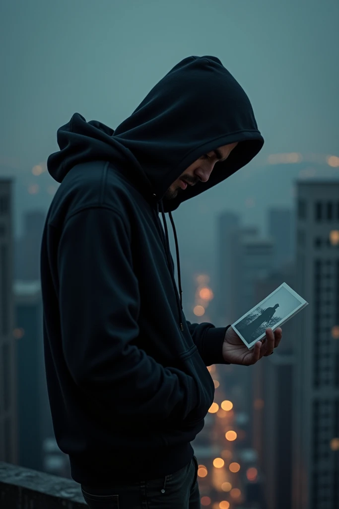 a man is looking down from the top of the building wearing a black hoodie and holding a photo in his hand but he is about to fall because he is just at the end of the roof of the building and he wants to commit suicide but a feeling does not allow him at n...