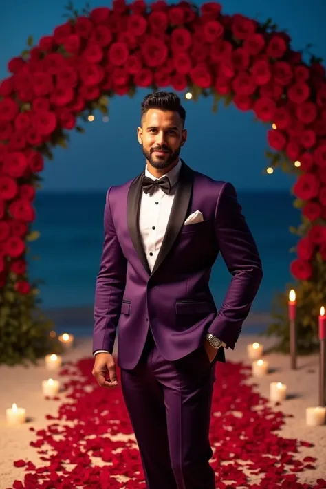 In the background a beach at night ,  adorned with a bow of red roses ,  a path with rose petals .  A strong and very muscular man , tanned,  black hair modern faded cut , short and clean shaven beard,  wearing an elegant purple suit , modern and perfect ,...