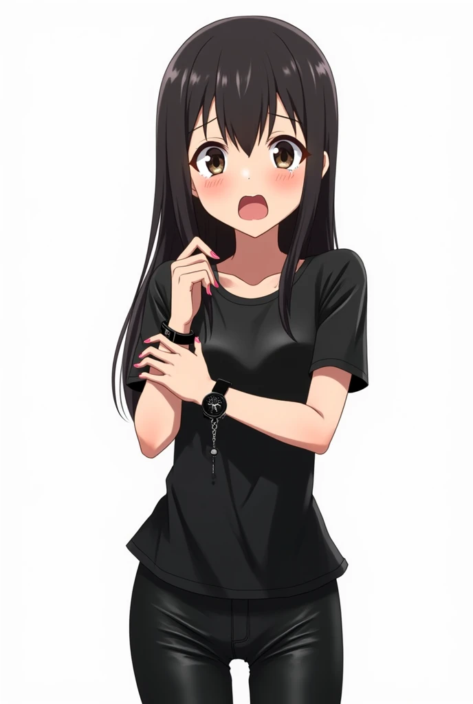 Anime girl in leather t-shirt and leather pants worried and with a white background and full body and with pink nails and a black watch with her cuffs on her chest both hands with an emotion of nervousness and with an expression of concern and a feeling of...