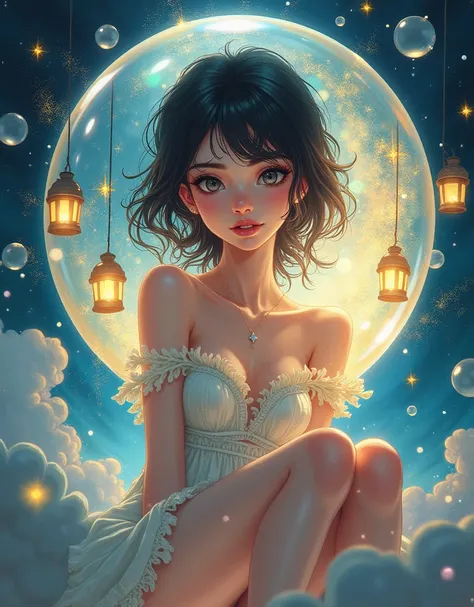 Layla ( masterpiece), ( better quality), ( ultra detailed),( disheveled hair),(illustration), (1fille), Beautiful and detailed eyes ,visaGe délicat et beau,floating,(haute saturation),( colorful splashes ), colored bubble ,(brilliant),concentré sur le visa...