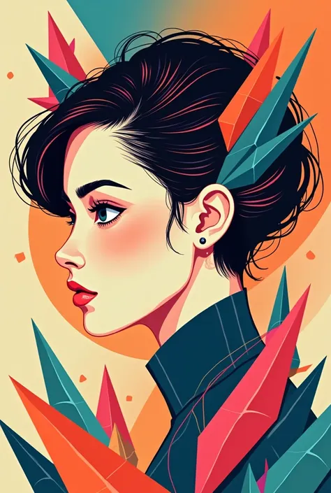 Easy drawing of face profile of young woman in profile with very colorful hair and geometric shapes in face and background