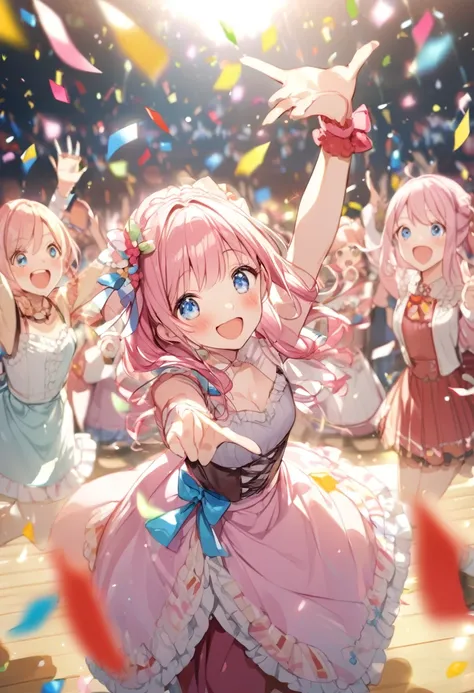 Delighted、Hurrah、Joy、Confetti、 pink haired girl、 blue eyes、 twin drill、 movie scene 