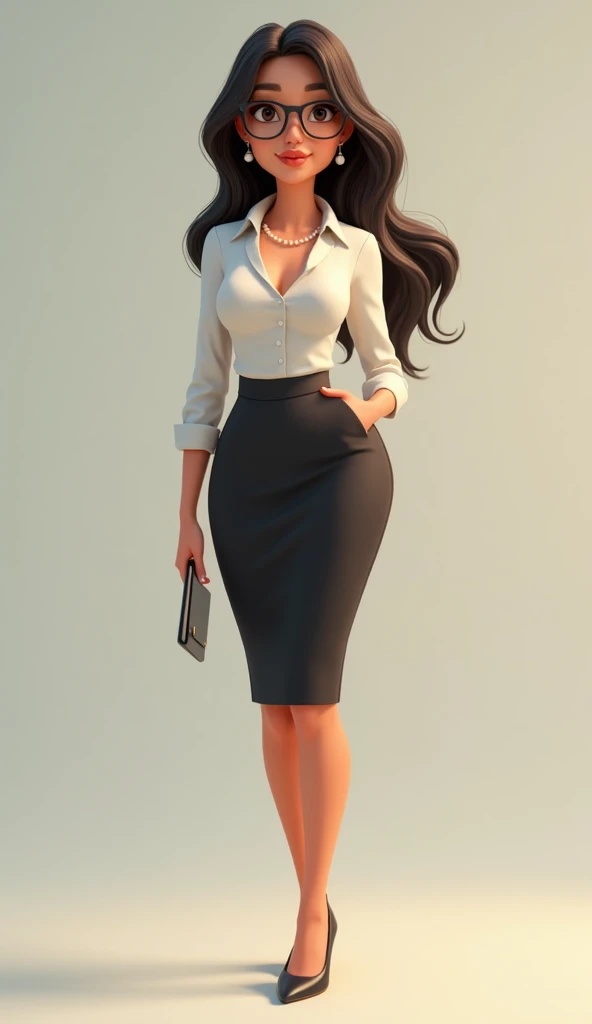 Disney-Pixar art style. 1 young, stylish office worker woman named Sara. She has a confident and professional appearance, she wears glasses, a knee-length pencil skirt, she is a young girl, an office girl, she looks serious and dominant, she has a sexy bod...