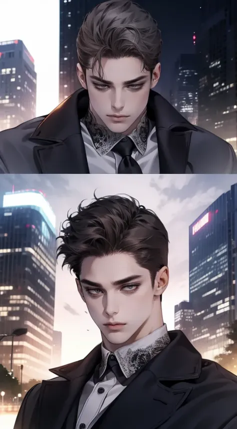 masutepiece, Best Quality, Realistic, 1man, matured male, Quiet and charming young man, 25 years old, closing eye, Serious look, extra detailed face, ((dark grey eyes)), ((Short right sweep dark brown hair)), [Thick eyebrows], detective, city, ((Blue color...