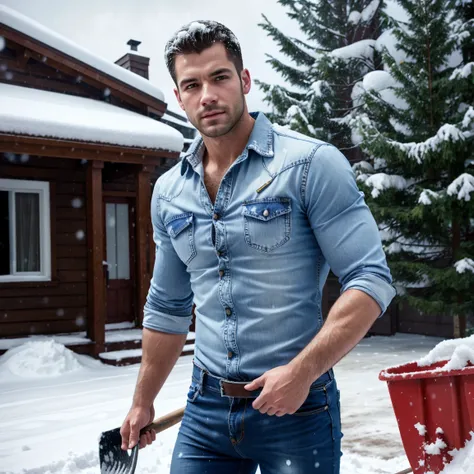 high quality, 8K Ultra HD, ultrarealistic  , good light , a handsome man , stubble , detailed face , realistic , true to life , with out  a shirt , well fit, in a blue jeans , shoveling snow , snowing , snowy body 