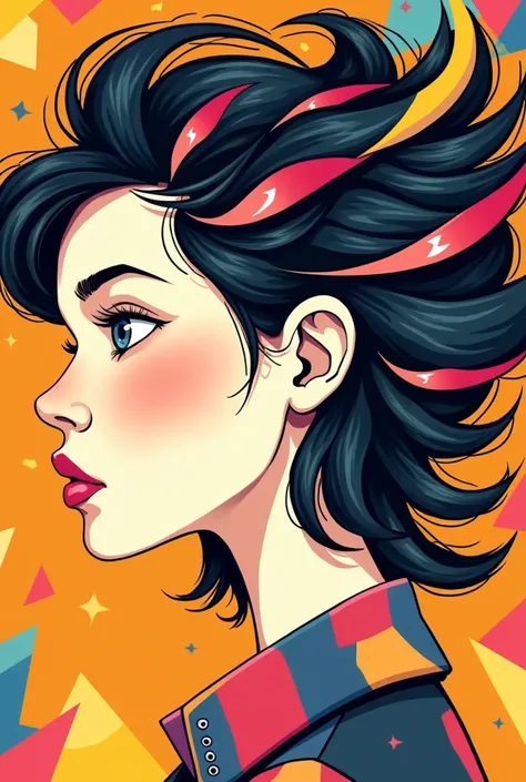 Easy drawing of face profile of young woman in profile with very colorful hair and geometric shapes in face and background