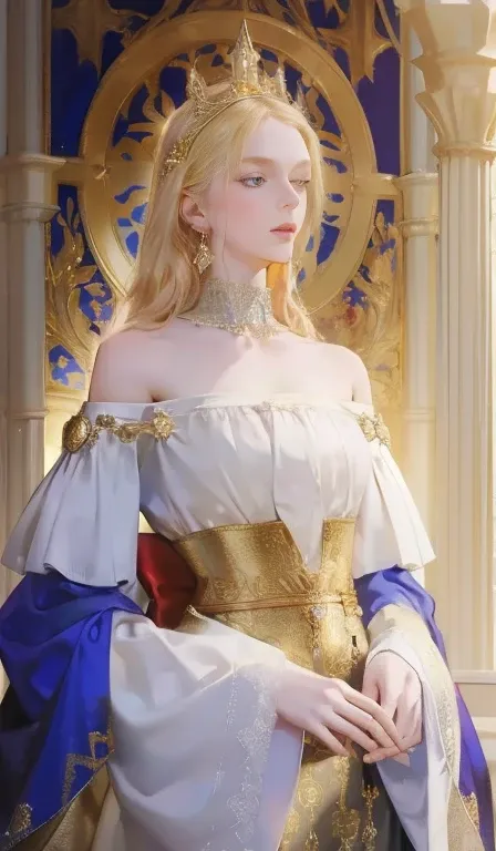 Fantasy, 19th century, empress, woman, delicate face, pale blonde hair, blue eyes, in a white royal dress with open shoulders, gold patterns on fabric, crystal jewelry, with a scarlet ribbon over the shoulder with the regalia of the monarch, Gothic castle ...