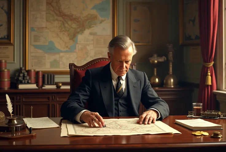 The Setting: The backdrop is a large, ornate office with walls lined with ledgers, maps, and charts detailing the oil businesss intricate workings. The room is well-organized, reflecting Rockefellers meticulous nature. A massive wooden desk takes center st...