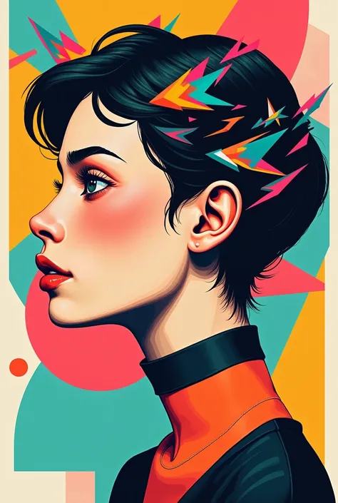 Easy drawing of face profile of young woman in profile with very colorful hair and geometric shapes in face and background