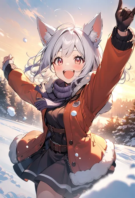 winter，smile，Dog ears girl，White Hair， excitement 