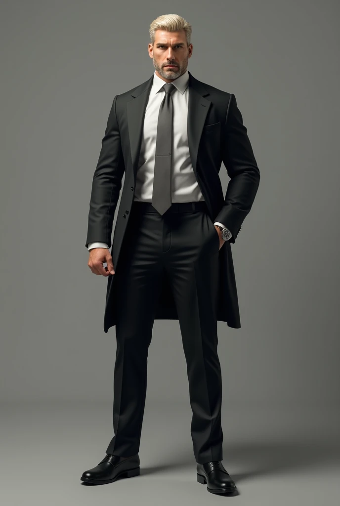  Greek man 28 years old (1,95 m),  Broad shoulders,  short and well-groomed blond hair .  Intense gray eyes ,  like storms ,  and strong jaw .
personality: Born leader
Clothing : tailored black suit ,  white shirt and gray tie ,  appearance of power and co...