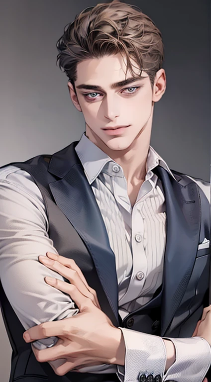 (best quality,4k,8k,highres,masterpiece:1.2),ultra-detailed,(realistic,photorealistic,photo-realistic:1.37),1 man,31 years old,mature man,very handsome,without expression,smile,short grey brown hair,blue eyes,penetrating gaze,perfect face without errors,im...