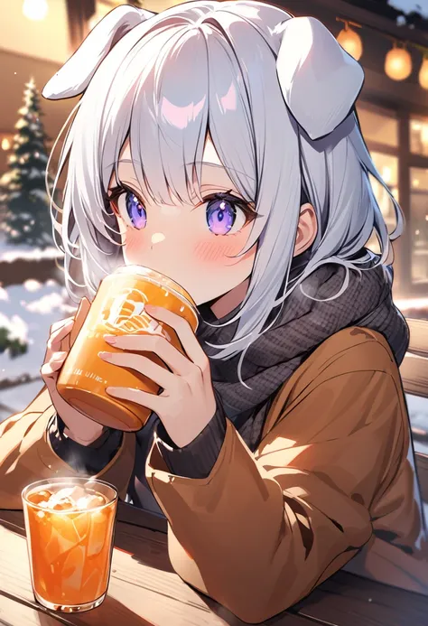 winter，Drink warm drinks，Dog ears girl，White Hair